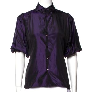 Ralph Lauren Black Label Silk Short Puff Sleeve Button Up Top